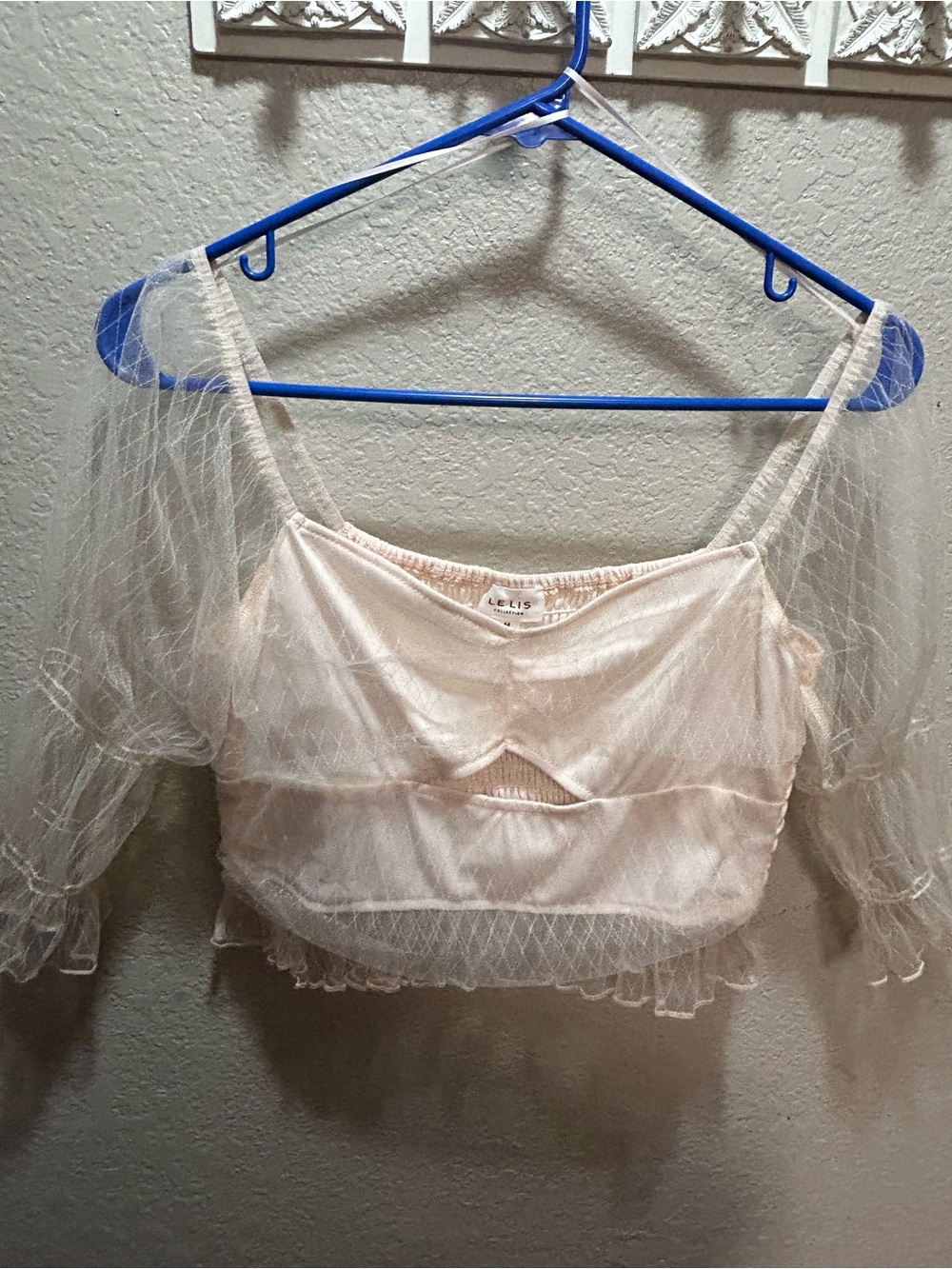 Le Lis Cream Sheer Mesh Puff Sleeve Crop Top
